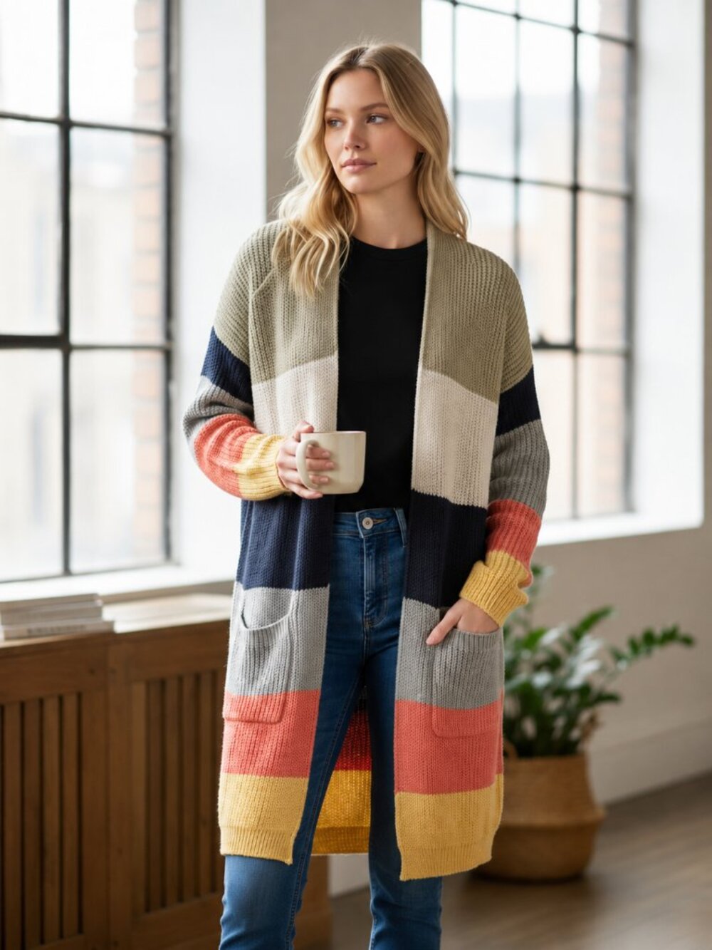 Comfy Cozy Slouchy Soft Long Sleeve Pastel Color Block Cardigan Duster Sweater